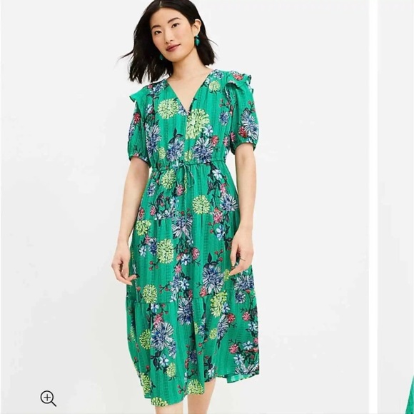 LOFT Dresses & Skirts - Ann Taylor LOFT Green Floral Midi Dress with Ruffles